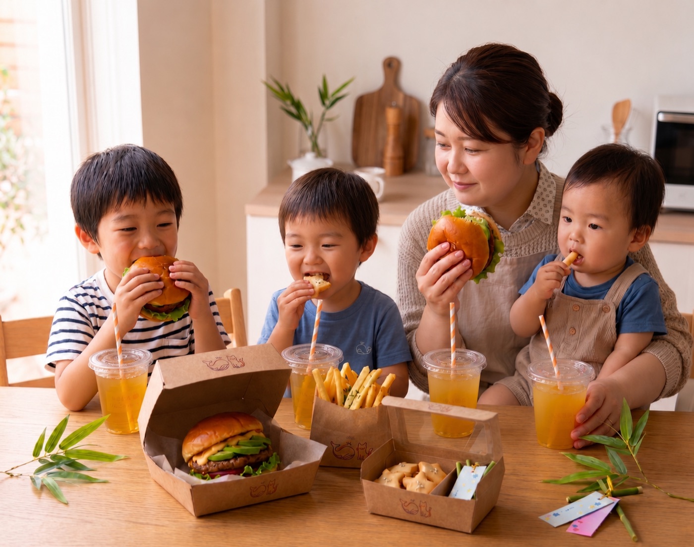 自宅でスターライトバーガーを囲む家族